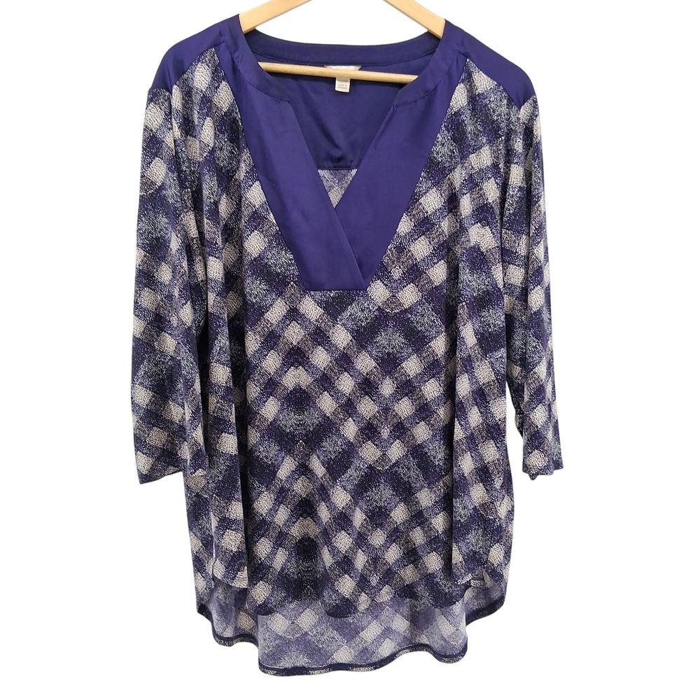 Cato Plus Size Tunic Top 22/24W Purple Plaid Print V-Neck 3/4 Sleeve Stretch